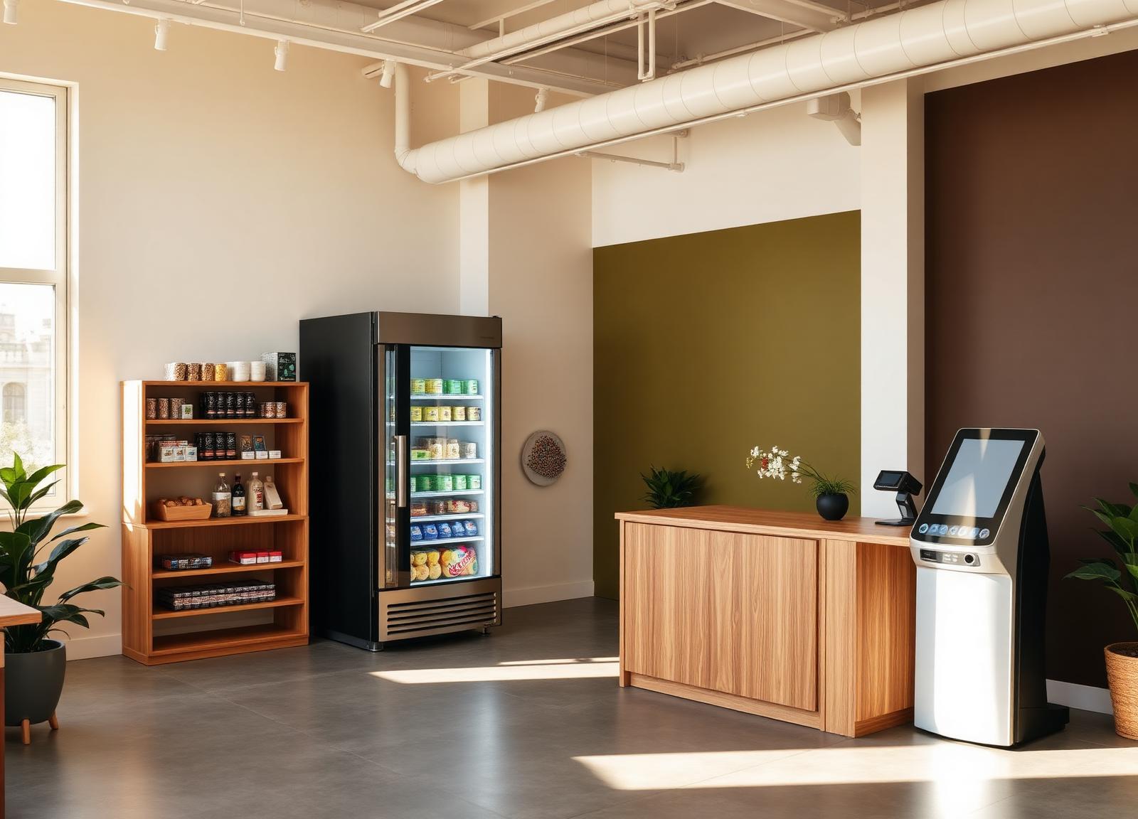 A modern office break room with a micro-market: open shelving, glass cooler tower, and a self-checkout kiosk.